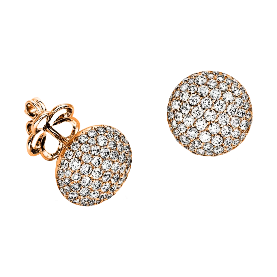 Pair of round golden ear studs covered with diamonds