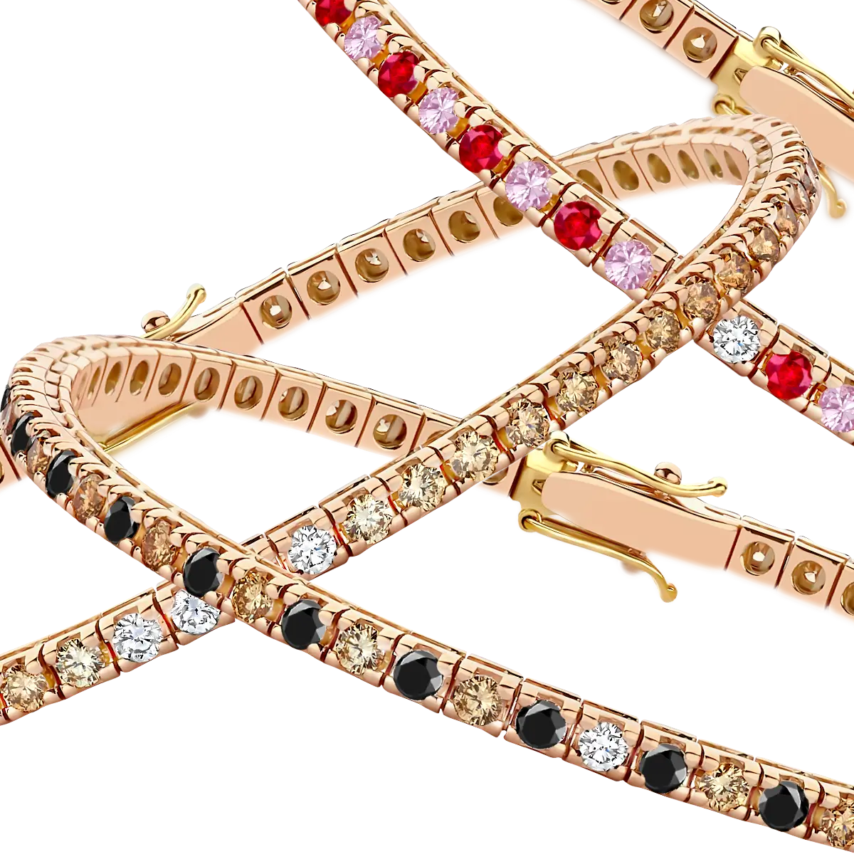 Collection of gold tennis bracelets fully set with rubies and clear diamonds as well as pink, brown and black diamonds