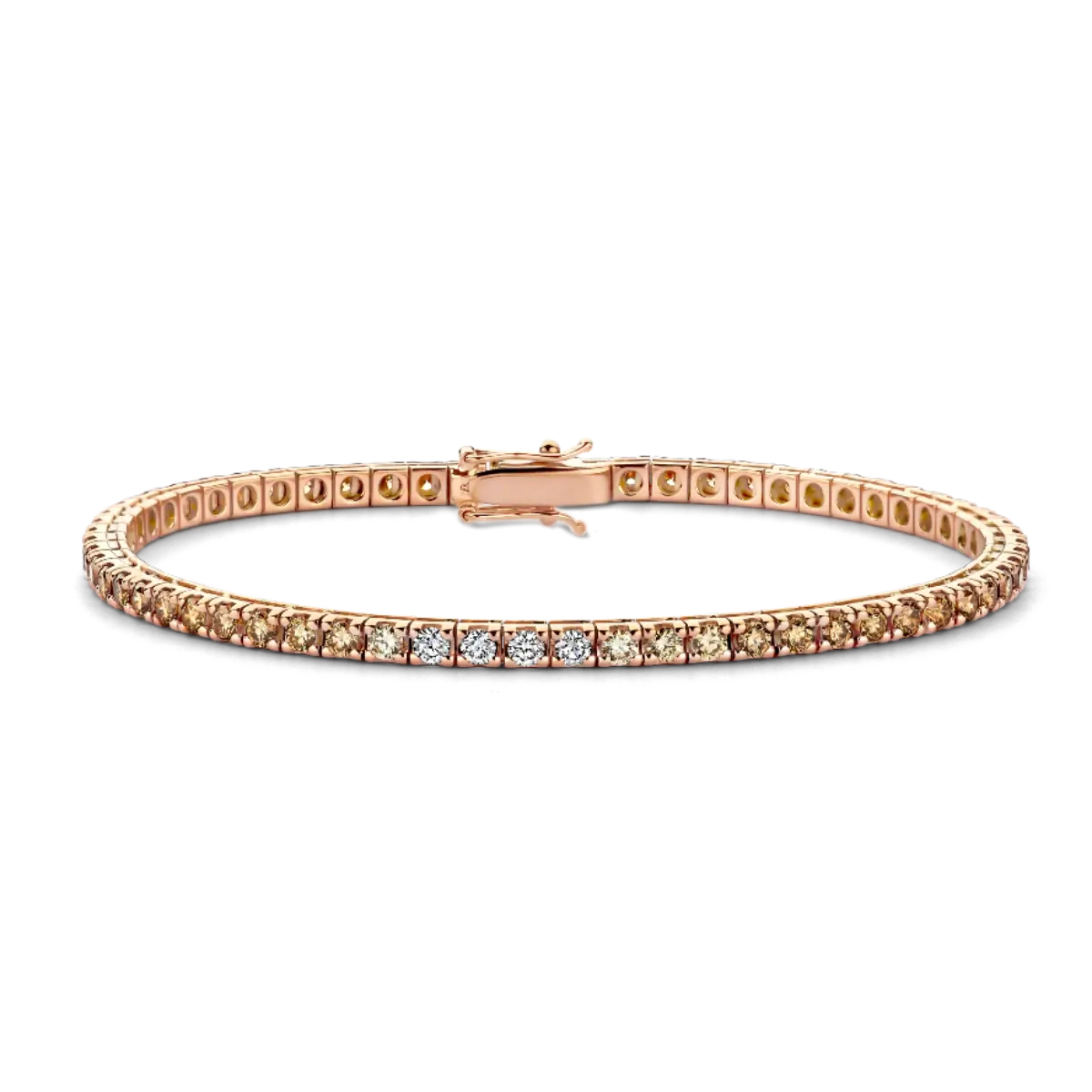 18 carat gold tennis bracelet fully set with clear diamonds and brown diamonds