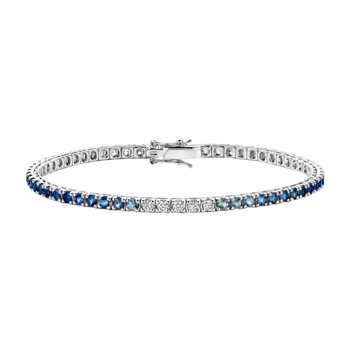 White gold tennis bracelet fully set with diamonds and blue saffires