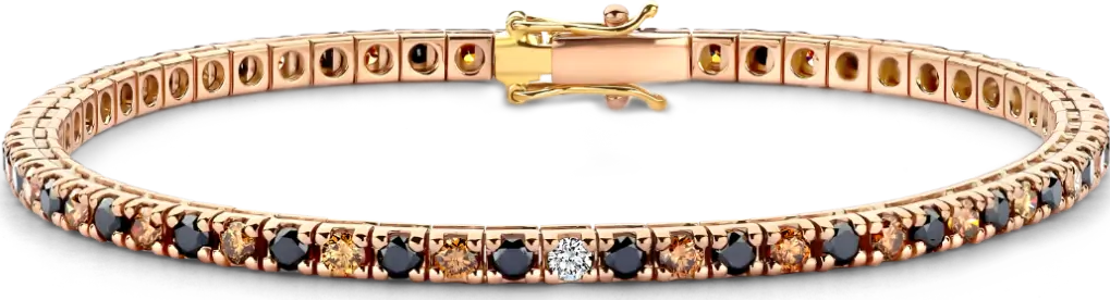 18K gold tennis bracelet fully set with a clear diamond, brown and black diamonds