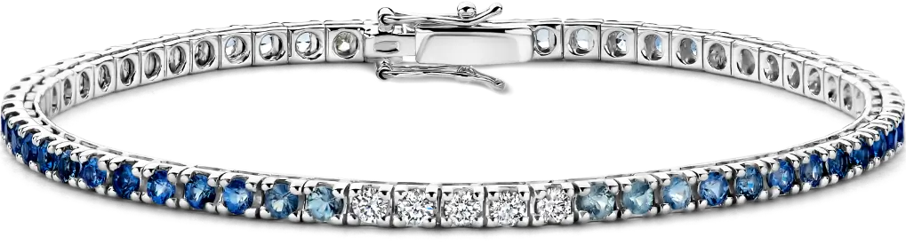 White gold tennis bracelet fully set with diamonds and blue saffires
