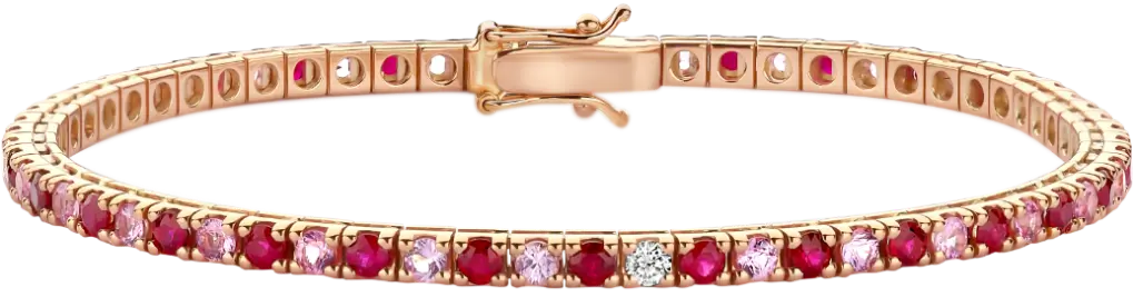 18K gold tennis bracelet fully set with 5.5ct diamonds, clear, pink diamonds and rubies